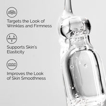 Close-up of Multi-Peptide + HA Serum texture highlighting benefits for wrinkles, firmness, elasticity, and smoothness.