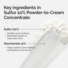 Key ingredients in Sulfur 10% Powder-to-Cream Concentrate include 10% Sulfur and 4% Niacinamide